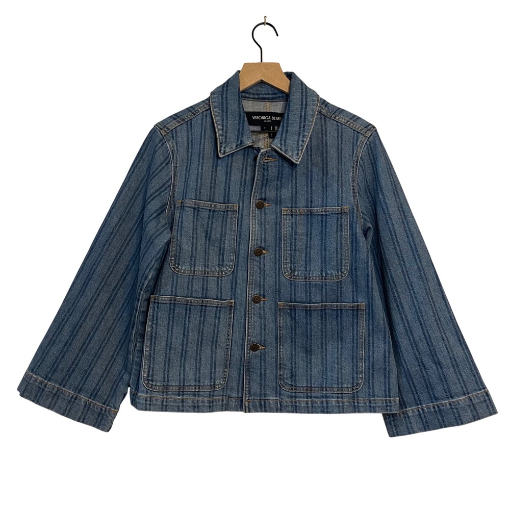 Veronica Beard Dahl Denim Jacket Size Medium Sapphire Stripe Chic Oversized Boxy - Picture 8 of 16